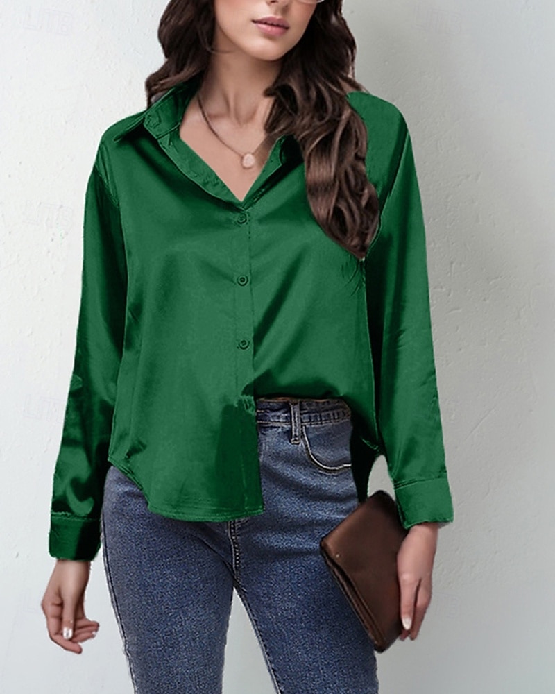 Damskie Koszula Elegancki Szykowny Top satynowy Guziki Jednokolorowe Elegancki Codzienny Długi rękaw Kołnierzyk koszuli Zwykłe topy Codzienny Wyjściowe Niebieski Jasnozielony Rumiany róż Żółtobrązowy 2026 - $27.99 –P9