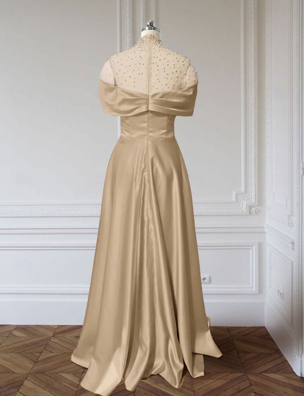 Ligne A Longueur au sol Robes de Bal Robe de Soirée Tenue de soirée Élégant Manche Courte Col Illusion Formel Satin avec Froncé Perlage de 2025 ? $169.99 –P4