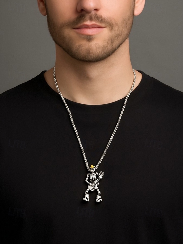 Collar con colgante de guitarra y calavera de Halloween para hombre, cadena de metal estilo rock punk, ideal para fiestas, conciertos y vida nocturna. 2025 - $9.99 –P1