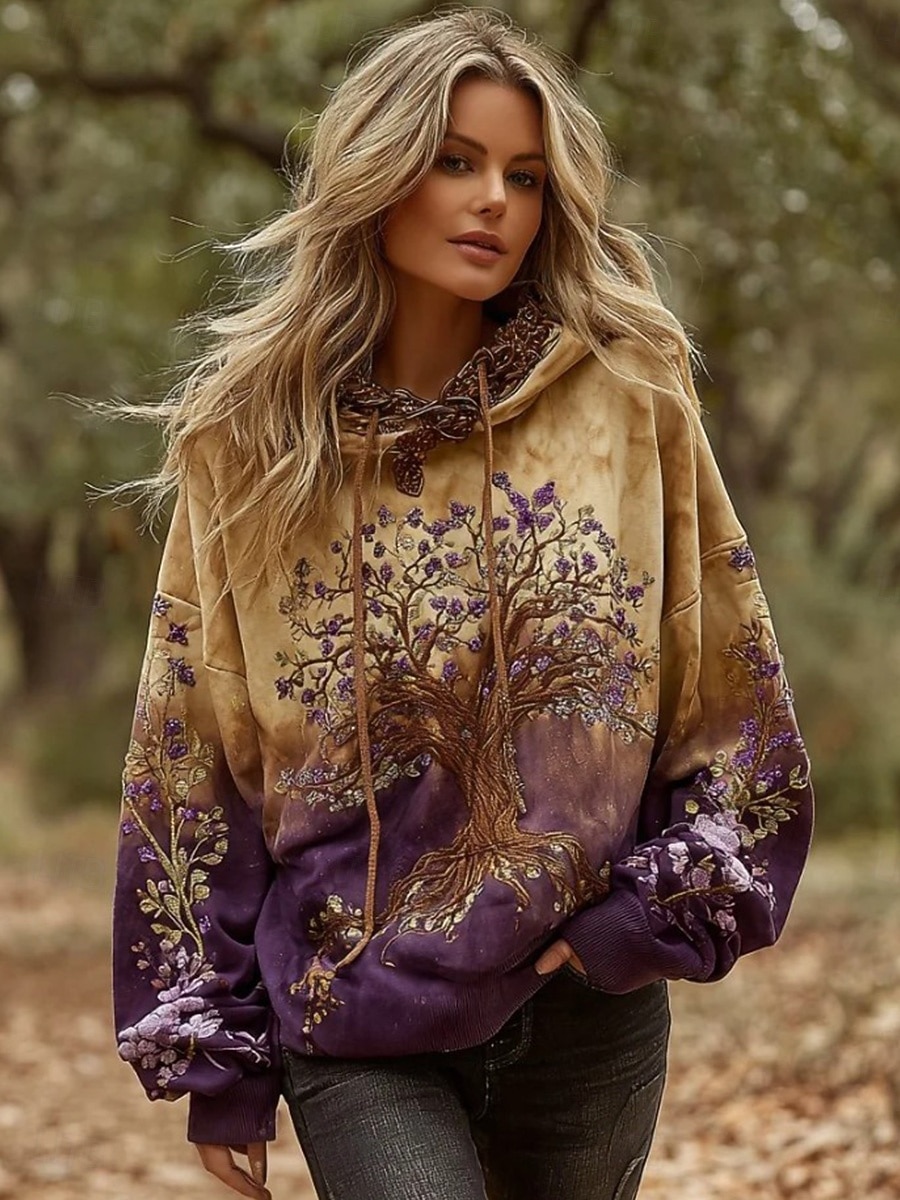Dame Pullover hettegenser-genser Blomstret Grafisk Elegant Varm Årgang Langermet Med hette Vanlige topper Gate Hverdag Avslappet Lapper Trykt mønster Gul Vår Høst Vinter 2025 - $26.99 –P1