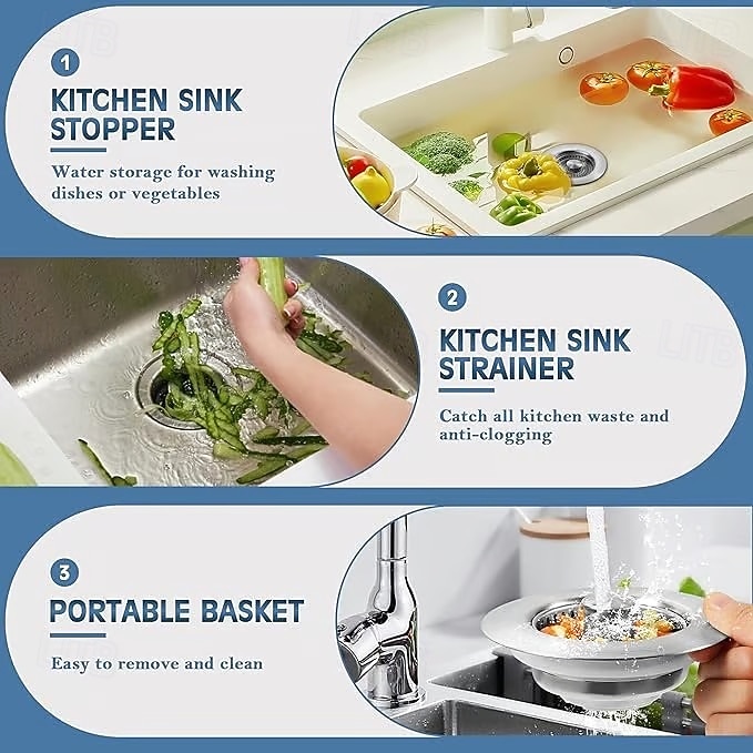 3-w-1 sitko do odpływu zlewu kuchennego ze stali nierdzewnej, zapobiegające zatykaniu się, kosz na resztki jedzenia &filtr zapachowy ze sprężynowym korkiem, standardowy w USA korek kuchenny o średnicy 2025 - $16.49 –P4