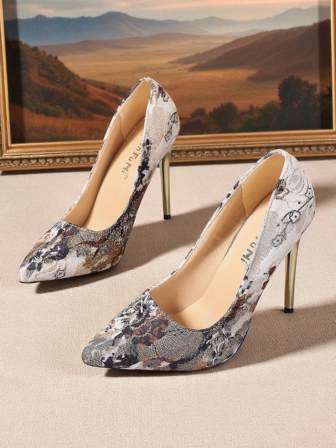 női kék virágmintás jacquard tűsarkú cipő - elegáns hegyes orrú, fémes arany sarokkal mindennapi viseletre, koktélpartikra és esti rendezvényekre 2025 - $26.99 –P3
