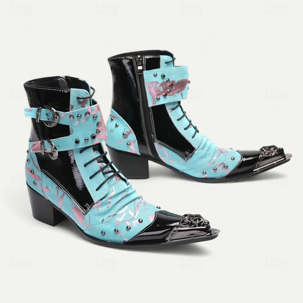 stivaletti da cowboy vintage da uomo – vera pelle di vacchetta con motivo blu, punta affilata e cinturini con fibbia per balli western, spettacoli teatrali e abbigliamento da festa del 2026 a $159.99 –P5