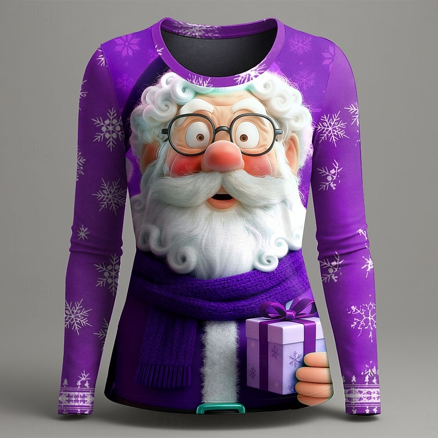Noël Femmes T-shirt Graphique Père Noël ancien Mode Élégant manche longue Col ras du cou Col rond Hauts Réguliers Quotidien Week-end Imprimé Rouge Violet Vert Été Printemps Automne Hiver de 2025 ? $26.99 –P2