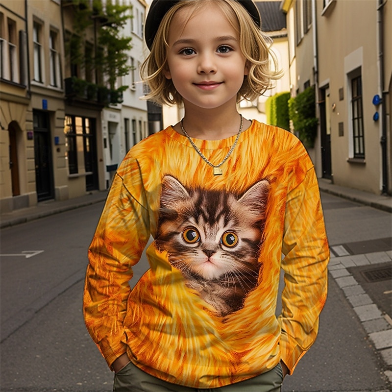 Pojkar 3D Katt T-shirt Långärmad Vår Höst Mode Grundläggande Barn 4-12 år Rund hals Utomhus Ledigt Dagligen Normal 2026 - $17.49 –P1