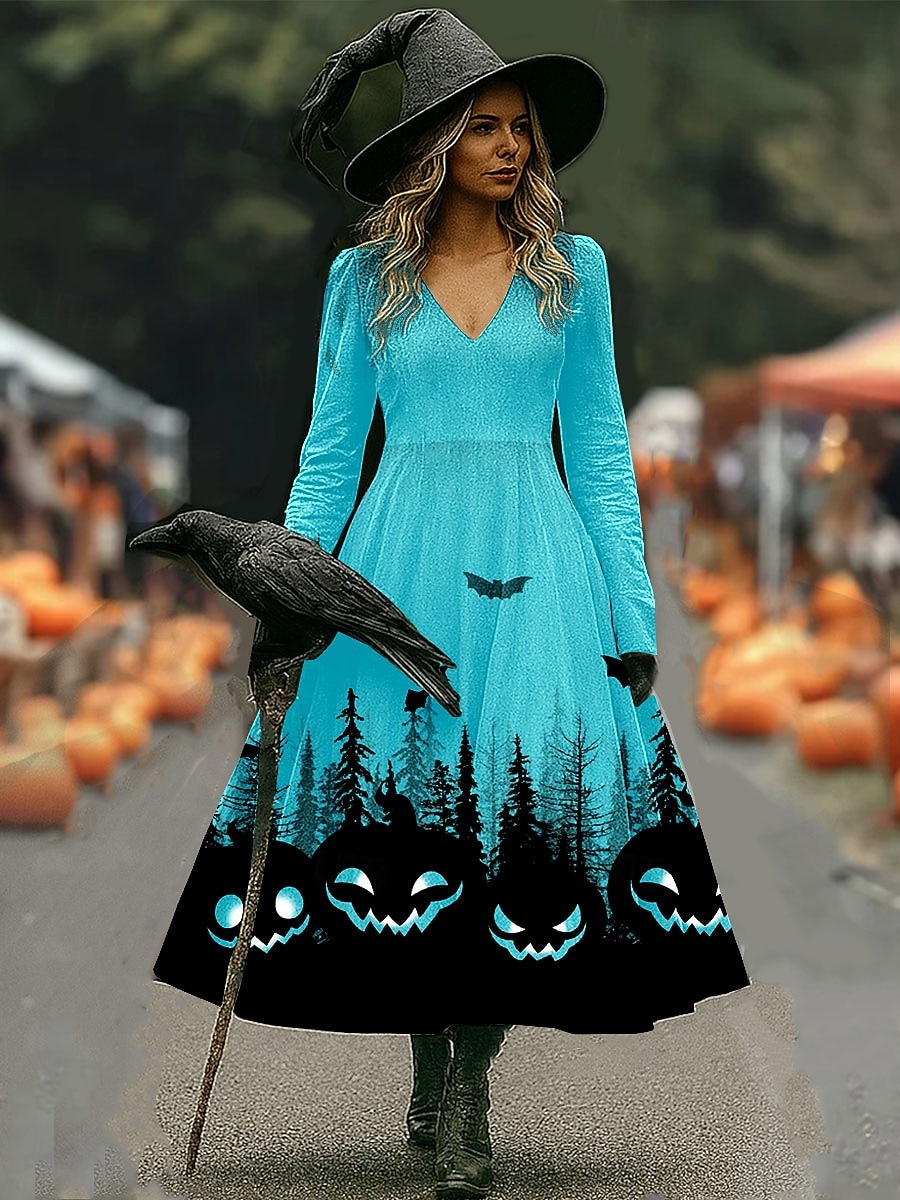 Halloween Damskie Sukienka midi Sukienka A line Urlop Codzienny Ślub Impreza Urodziny Regularny Graficzny Rękaw 3/4 W serek Rumiany róż Niebieski Pomarańczowy Wiosna Jesień 2025 - $33.99 –P3