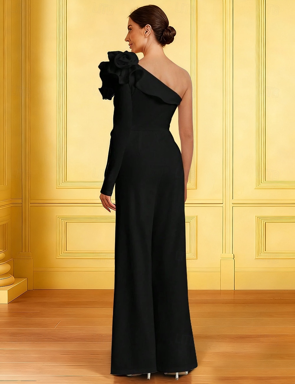 Overalls Bodenlang Brautmutterkleid Langarm Ein-Schulter Elegant Einfach Hochzeitsgast Formeller Abend Stretchstoff mit Blume Einfarbig 2026 - $142.99 –P2