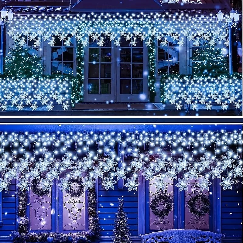 96LED Snowflake Curtain Lights 3.5m 8 Modes Lighting for Thanksgiving New Year Valentine's Day Home Balcony Living Room Garden Porch Atmosphere Decoration 2026 - $17.99 –P8