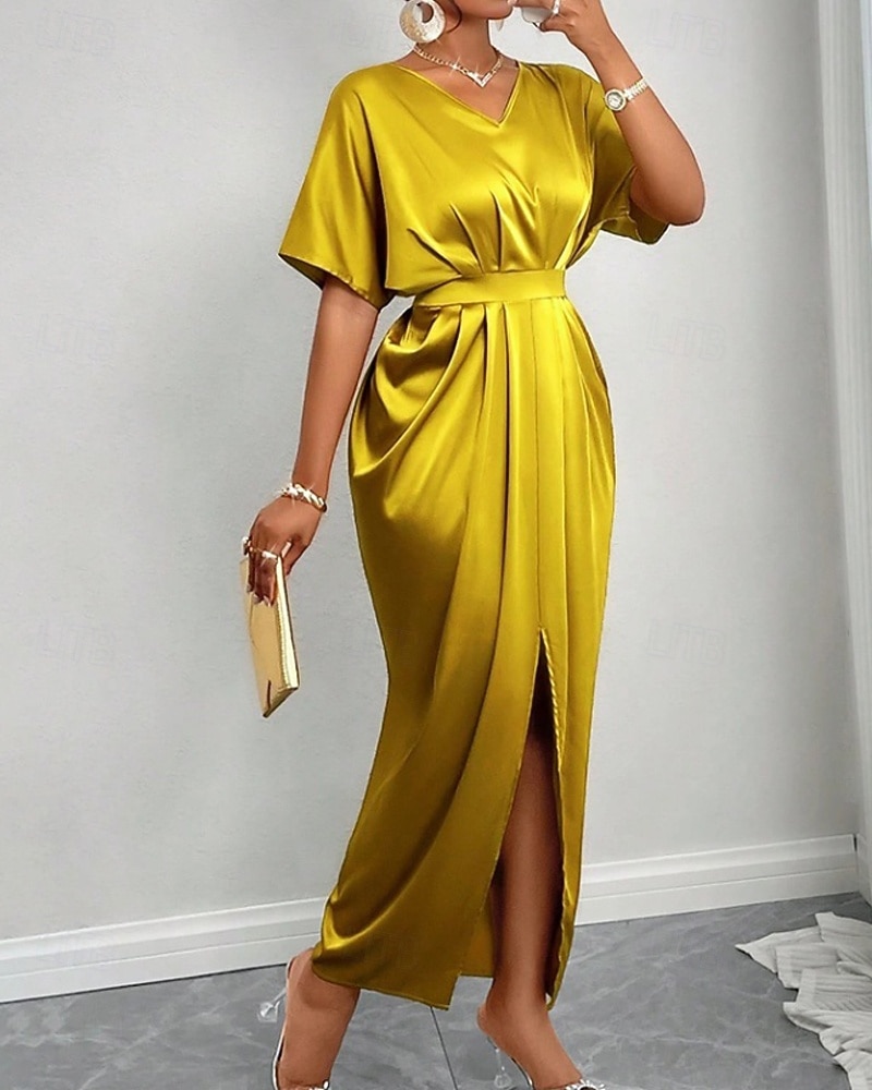 Femmes Robe Longue Maxi Robe Robe de Soirée Robe de Cocktail Robe en Satin Élégant Moderne Soirée Coupe régulière Uni Manche Courte Col en V Noir Jaune Bleu Roi Vert foncé Automne Hiver de 2025 ? $34.99 –P9