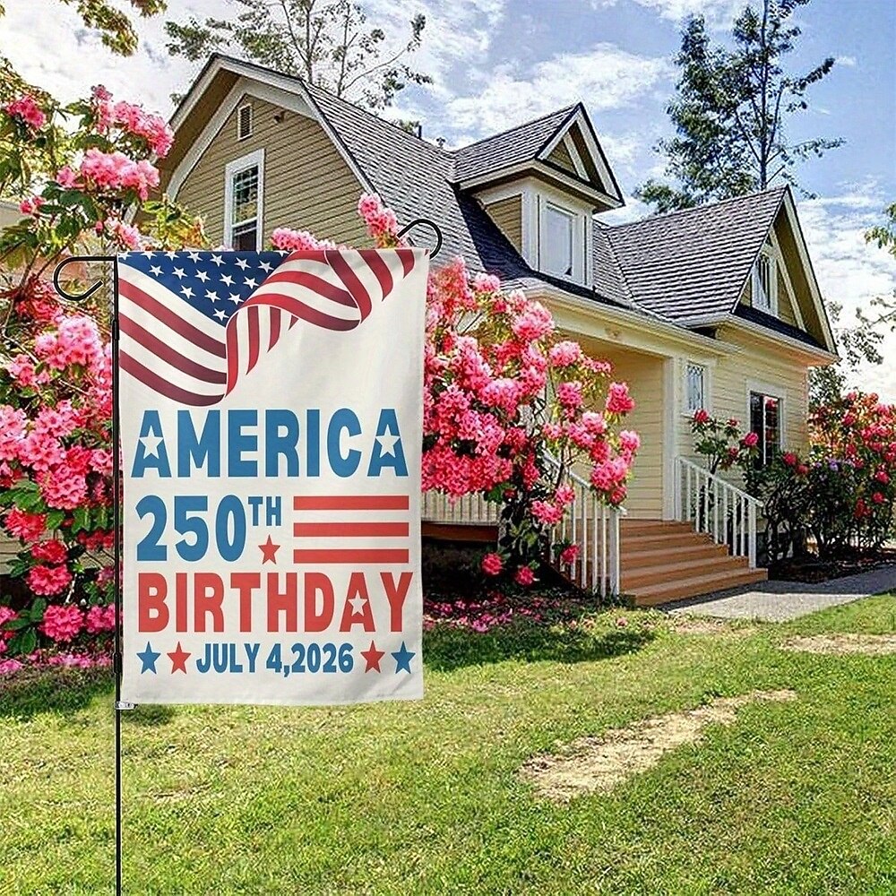 Zahradní vlajka k 250. výročí USA z let 1776-2026, vlastenecký americký narozeninový venkovní banner na zahradu, trávník, verandu nebo dekoraci ke Dni nezávislosti. 2026 - $11.99 –P4