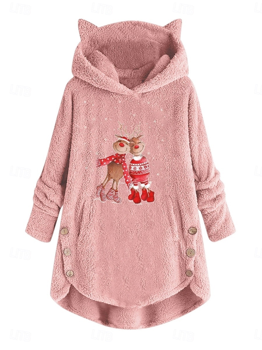 Dame Pullover hettegenser-genser Grafisk Reinsdyr Fritid Langermet Med hette Crop Tops Gate Hverdag Avslappet Lomme Trykt mønster Rosa Vin Grå Høst Vinter 2025 - $41.99 –P4