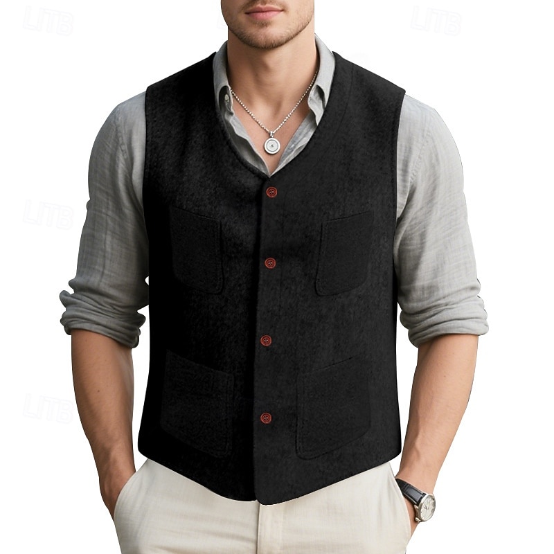 בגדי ריקוד גברים וסט חֲזִיָה Gilet חופשה מפלגה עֵסֶק אופנתי יום יומי אביב סתיו כיס כפתורים פוליאסטר נוח אחיד חזה יחיד כפתור יחיד צווארון V רגיל שחור אפור אֵפוֹד 2025 - $24.99 –P15