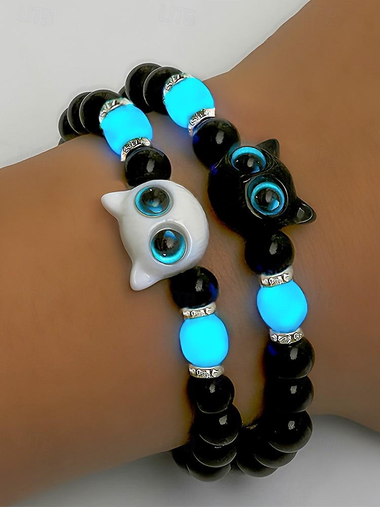 Dámský halloweenský korálkový náramek s kočkou, který svítí ve tmě – roztomilý černobílý strečový náramek s kočičím přívěskem na párty, cosplay a dárky 2026 - $5.99 –P2
