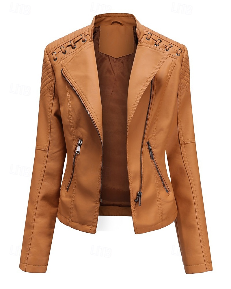 Per donna Giacca in Ecopelle Confortevole Cerniera Tasca Casual Semplice Vacanza Abbigliamento quotidiano Uscire Weekend Regolare Collo ripiegato Vestibilità regolare Manica Lunga Capispalla Nero del 2025 a $53.99 –P15
