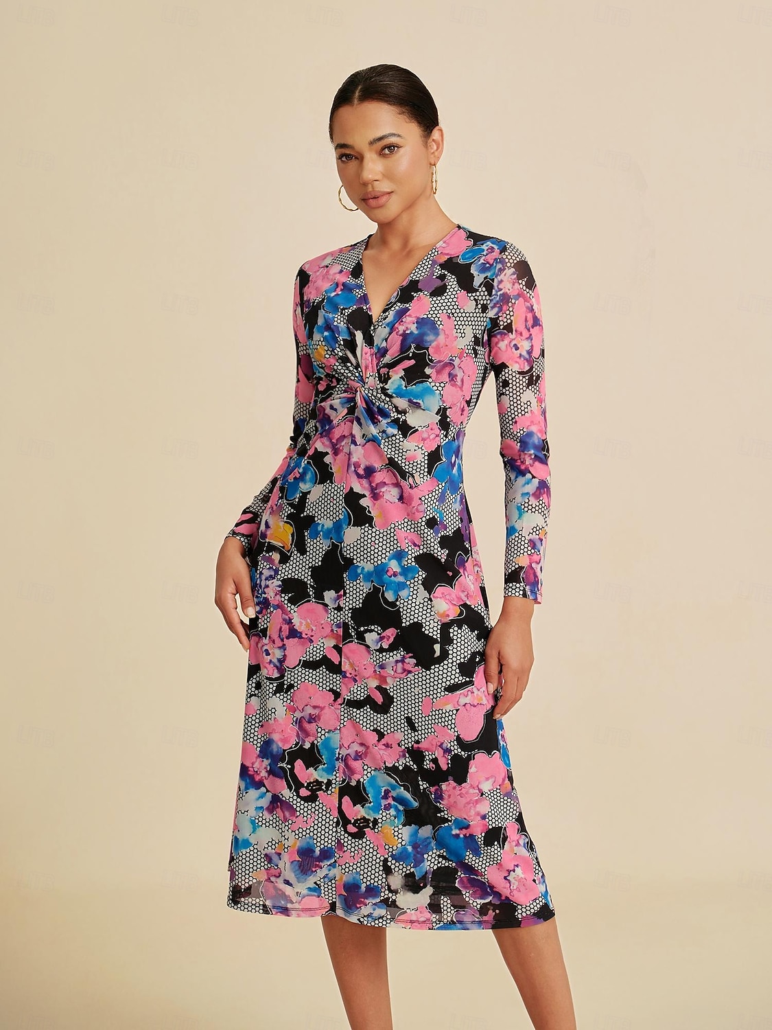 Per donna Femminile Tubino Abito Stampato Abito Midi Arcobaleno Manica Lunga Estate Primavera Scollo a V Moderno S M L del 2025 a $86.99 –P1