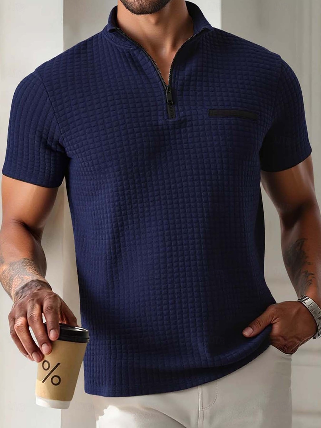 Herre Vaffel poloskjorter Zip Polo Avslappet Ferie Quarter Zip Kortermet Mote Grunnleggende عادي Quarter Zip Sommer Vår Alle årstider Slank Fasong Svart Hvit Navyblå Oransje Vaffel poloskjorter 2026 - $20.99 –P2
