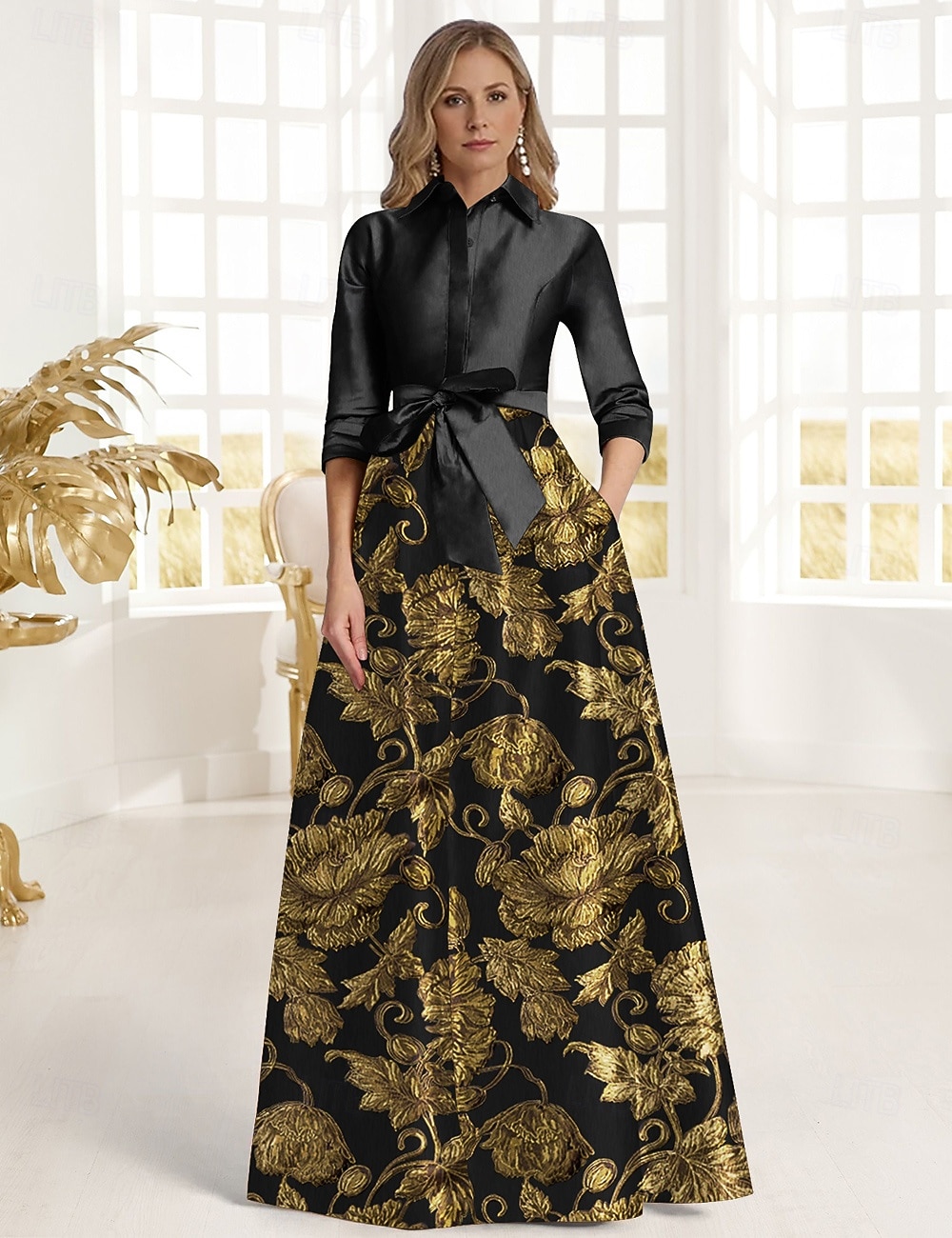 A-Line Floor Length Shirt Dress Wedding Guest Dress Formal Dresses Mother of the Bride Dress 3/4 Length Sleeve Shirt Collar Elegant Formal Holiday Birthday Satin with Bow(s) 2026 - $176.39 –P1