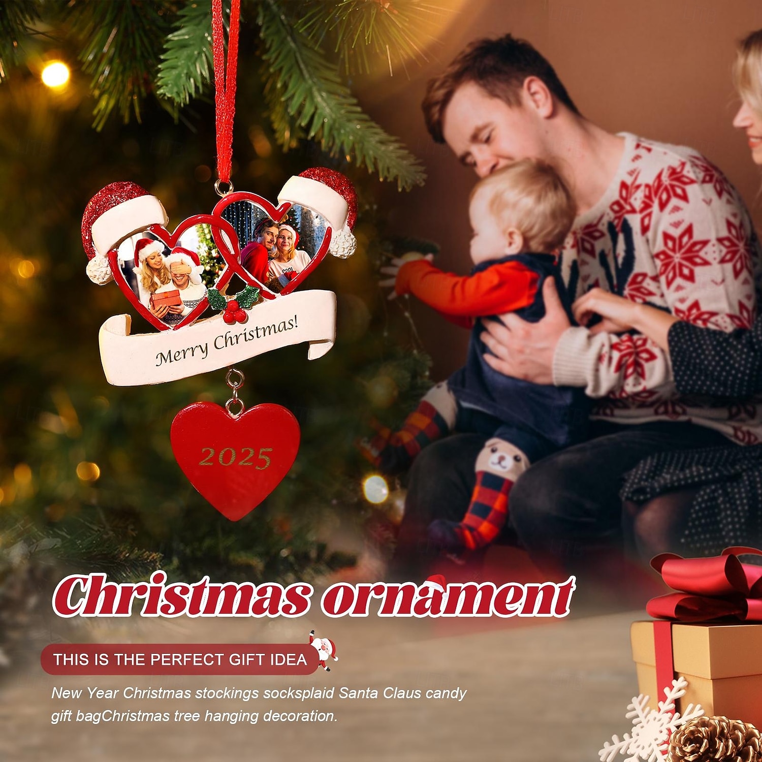 2025年 カスタマイズされた2枚の写真が付いたパーソナライズされたクリスマスツリー樹脂製オーナメント、ハート型のホリデー吊り下げ装飾、家の装飾やギフトに最適なユニークな記念品  コレクション – $16.49 –P3