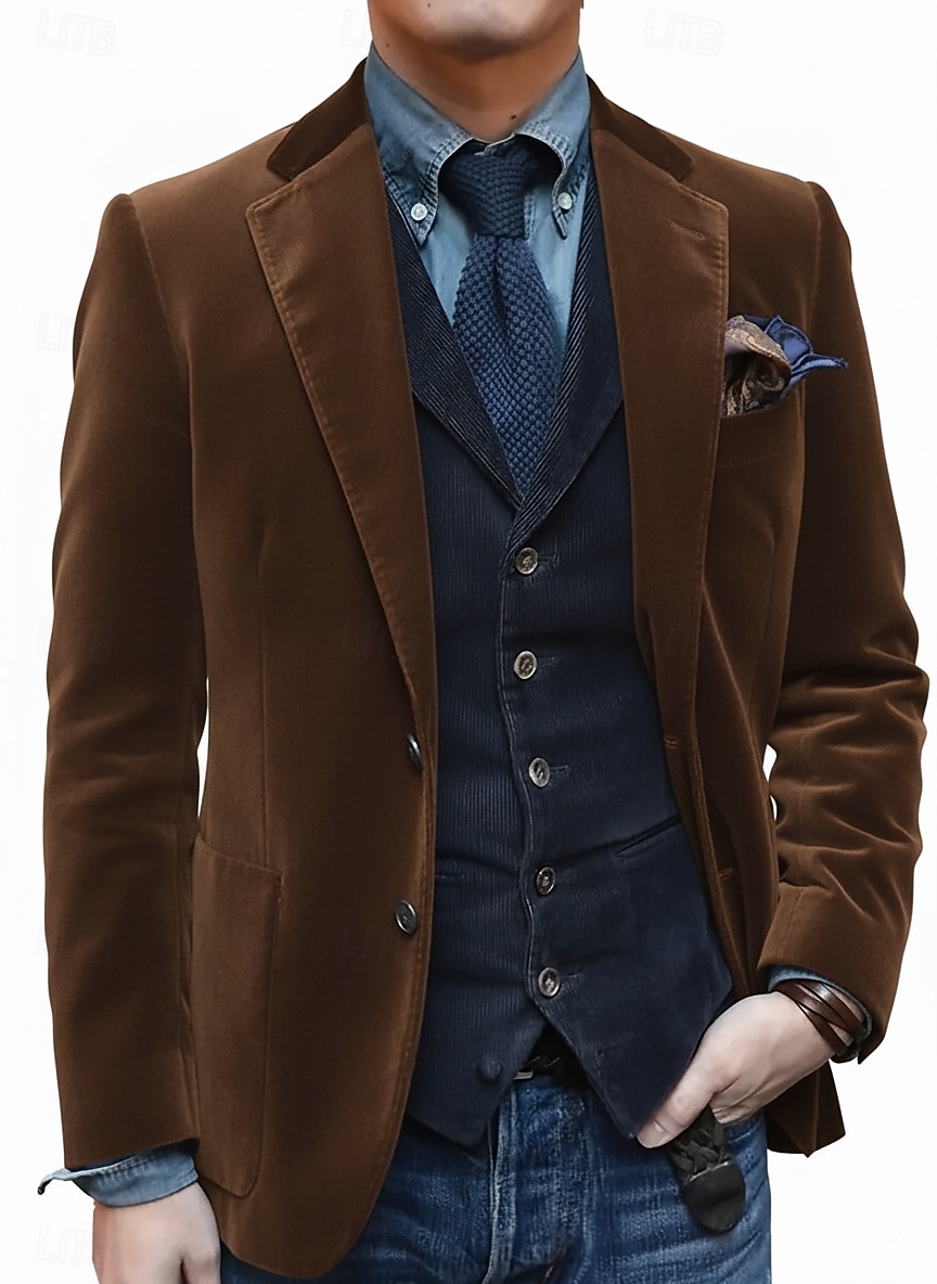 2026年 メンズベルベットブレザージャケット ノッチカラー クラシック 無地ブレザー ブラック ブラウン ダークブルー テーラードフィット シングルブレスト 2つボタン  コレクション – $72.99 –P2