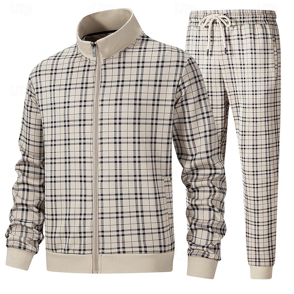 Herr Rutig Geometrisk 2st 3D-tröja set Träningsoverall Zip Up sweatshirts Långärmad Långa byxor Hög krage Ledigt vardag Utomhus Semester Sport Dragkedja 3D-utskrift Vår Höst Mörkbrun Brun Aprikos 2025 - $46.99 –P3