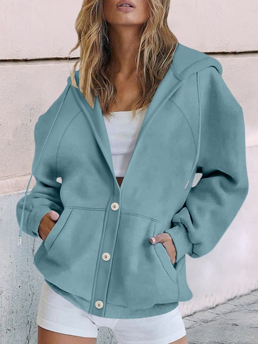 Mulheres Casaco com capuz Confortável Respirável Bolsos Botões Casual Tecido Férias Rua Casual Roupa Diária Não Trespassado Padrão Com Capuz Normal Manga Longa agasalhos Branco Amarelo Azul Primavera de 2026 por $28.99 –P1