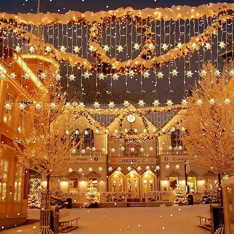 96LED Snowflake Curtain Lights 3.5m 8 Modes Lighting for Thanksgiving New Year Valentine's Day Home Balcony Living Room Garden Porch Atmosphere Decoration 2026 - $17.99 –P5