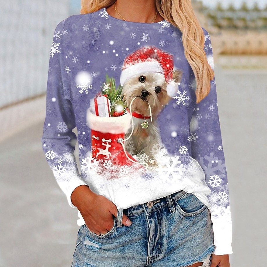 Noël Femmes T-shirt Graphique Chien Noël ancien Mode Élégant manche longue Col ras du cou Col rond Hauts Réguliers Quotidien Week-end Imprimé Bleu Violet Fuchsia Vert Kaki Automne Hiver de 2025 ? $23.99 –P5