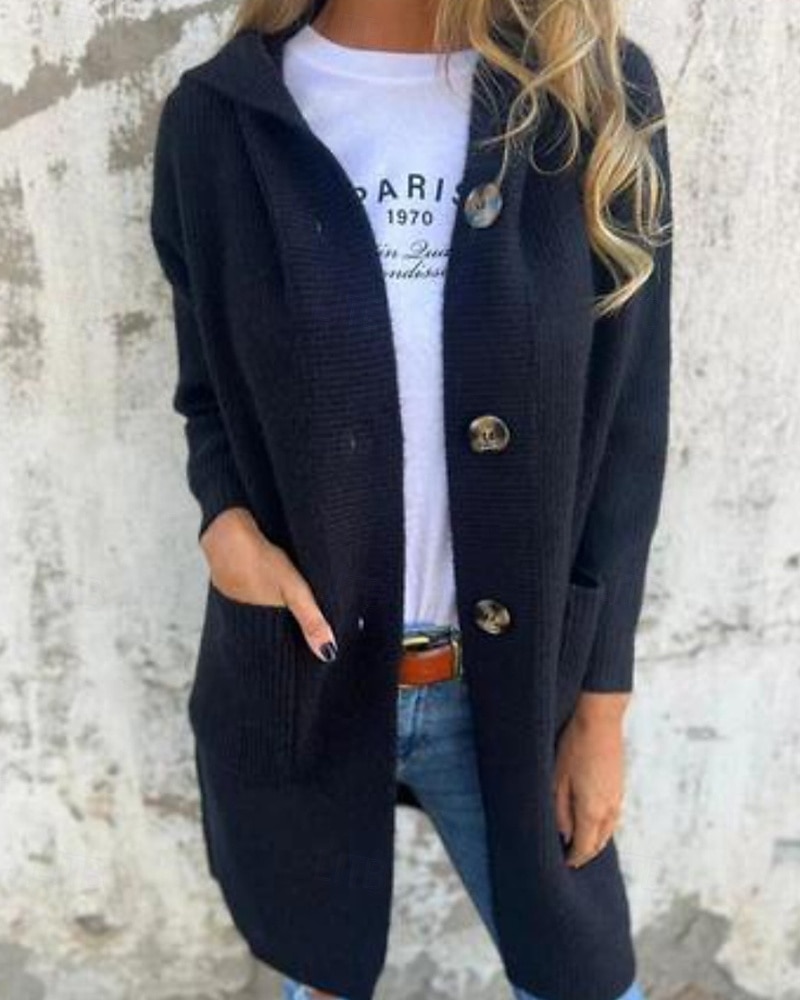 Damen Pullover Strickjacke Streetwear Lässig Einfarbig Mit Kapuze Tasche Knöpfe Gestrickt Langarm Lange Oberteile Stricken Täglich Ausgehen Wochenende Schwarz Gelb Herbst Winter 2025 - $41.99 –P2