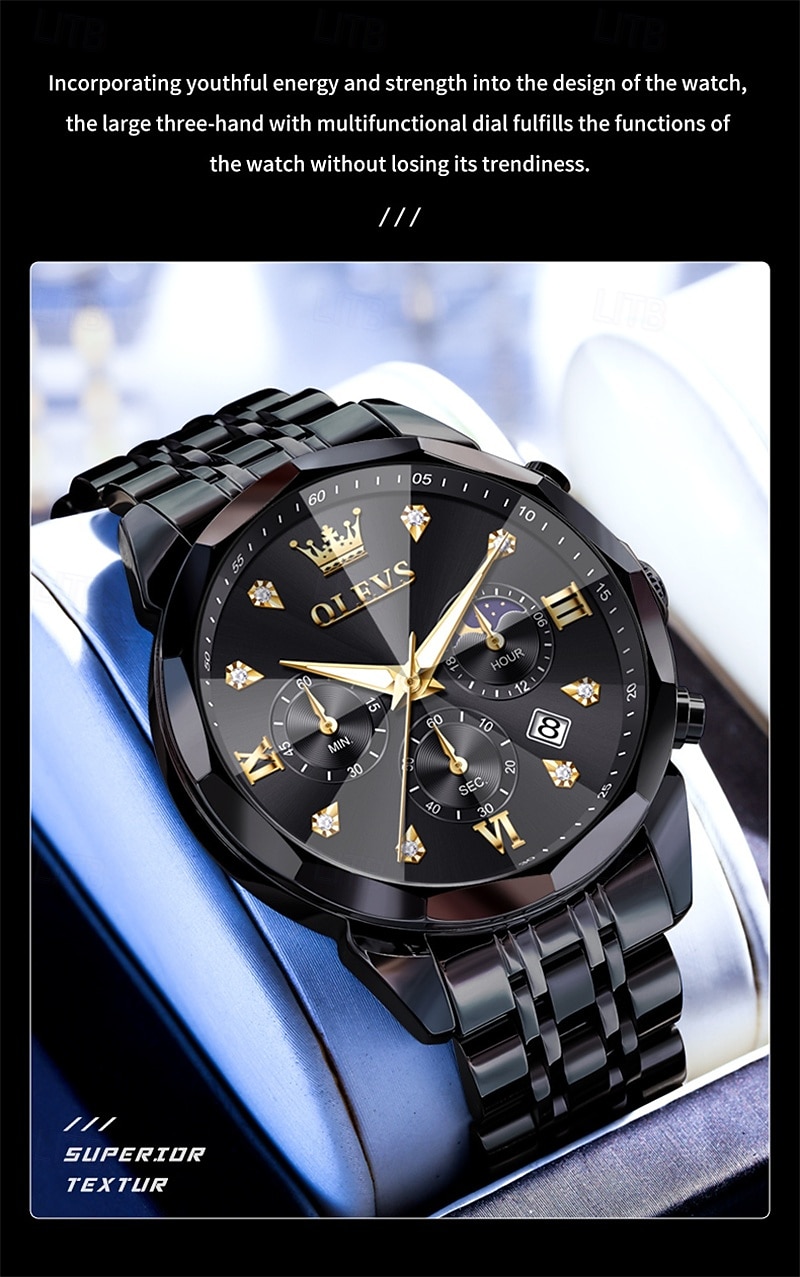 The New Olevs Men'S Business Watch With Luminous Calendar Small Three-Hand Moon Phase Display Multi-Functional Quartz Watch Waterproof Casual And Fashionable Men'S Sports Wristwatch 2025 - $34.99 –P2