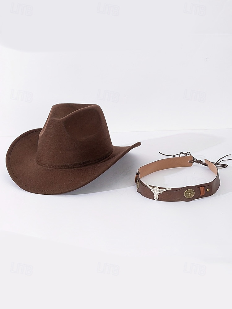 Chapéu de cowboy masculino com faixa de cabeça de touro – chapéu fedora vintage de feltro com aba larga para rodeio, estilo ao ar livre e presente de Natal de 2026 por $29.99 –P5