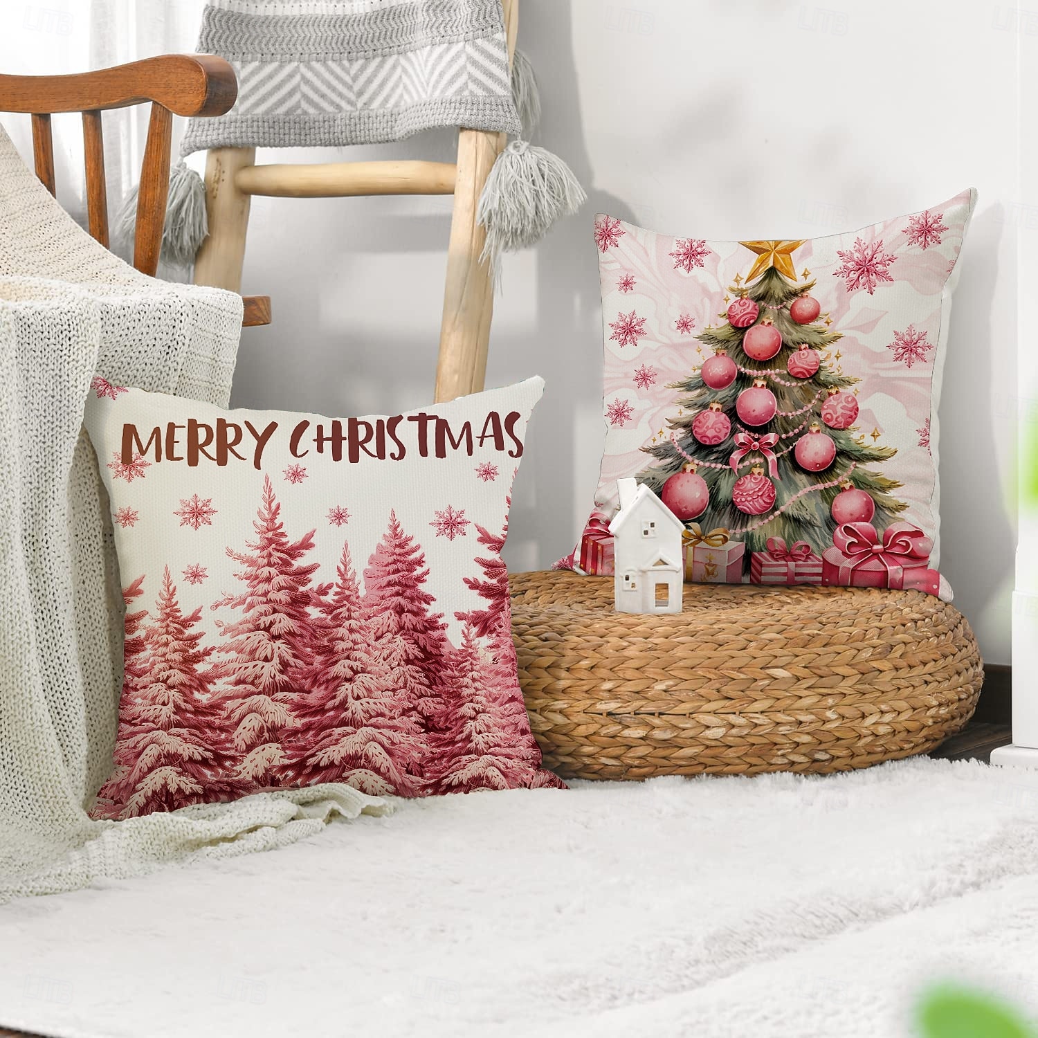 Pink Reindeer Christmas Pillow Covers, Linen Letter Print Decorative Throw Cushions, Festive Sofa & Living Room Accent Pillows 2025 - $4.99 –P4