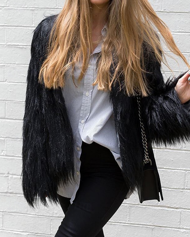 Damen Kunstpelzmantel Warm Bequem Pelze & Leder Mode Einfach Urlaub Straße Ausgehen Wochenende Regulär Rundhalsausschnitt Normale Passform Langarm Oberbekleidung Schwarz Weiß Rosa Herbst Winter 2025 - $39.99 –P10