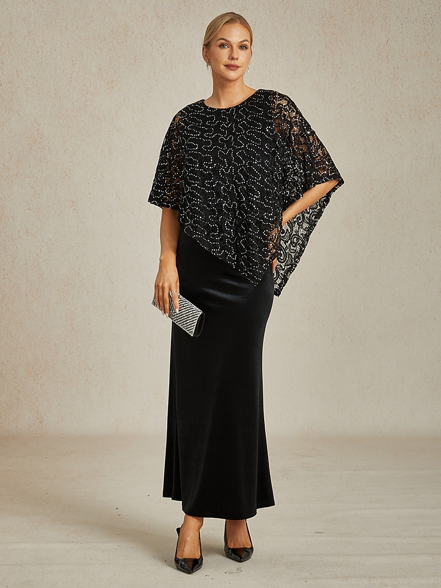 فستان بونشو مزين بخيوط لامعة للنساء، بلوزات Lace، بلوزات مسائية، لون موحد، أنيق، stylish، بدون أكمام، رقبة دائرية، بلوزات عادية، ضيوف الزفاف، ملابس المساء، حفلة مسائية، Lace، أسود، ربيع، خريف، شتاء 2025 - $69.99 –P6