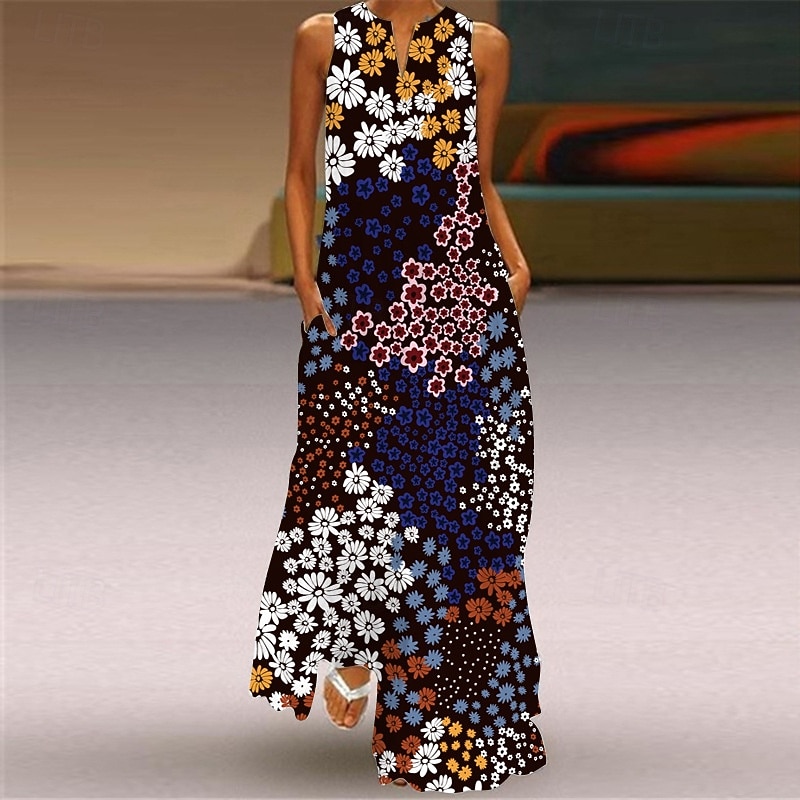 Women's Long Dress Maxi Dress Floral Dress Print Dress Fashion Modern Outdoor Going out Weekend Regular Fit Floral Sleeveless Crew Neck V Neck Yellow Dark Green Dark Blue Rose Red Summer Spring 2026 - $25.99 –P2
