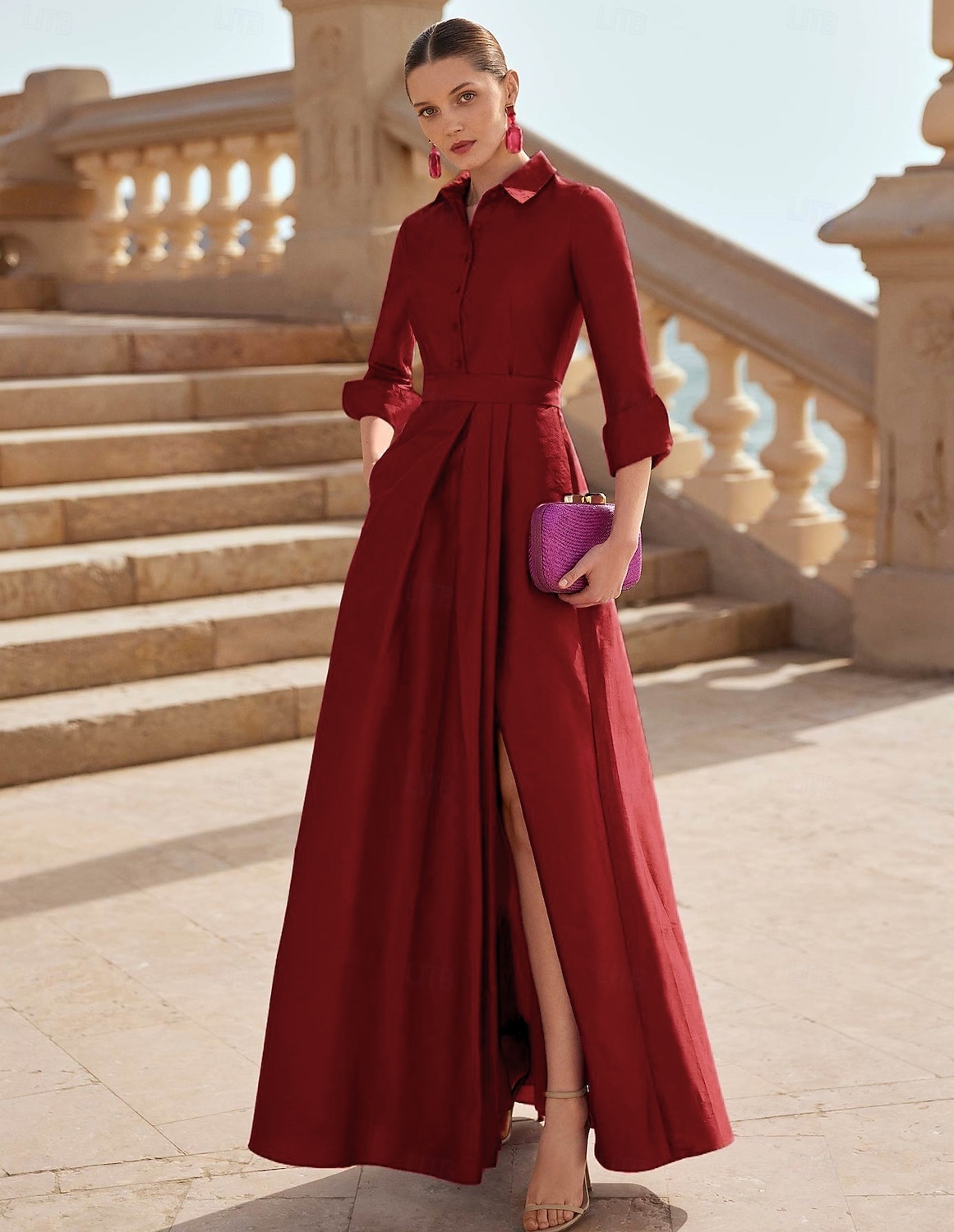 A-Line Floor Length Shirt Dress Formal Dress Evening Gown Long Sleeve Shirt Collar Elegant Formal Satin Mother of the Bride Dress with Slit 2025 - $159.99 –P3
