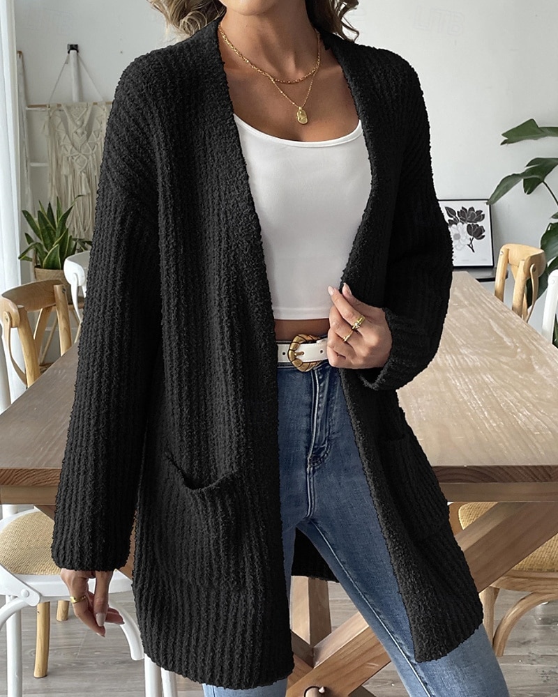 Жен. Вязаная ткань Кардиган Уличный стиль На каждый день Сплошной цвет Открытый перед Карман Трикотаж Длинный рукав Обычные топы Вязать Повседневные На выход выходные Черный Белый Осень Зима 2025 - $39.99 –P7
