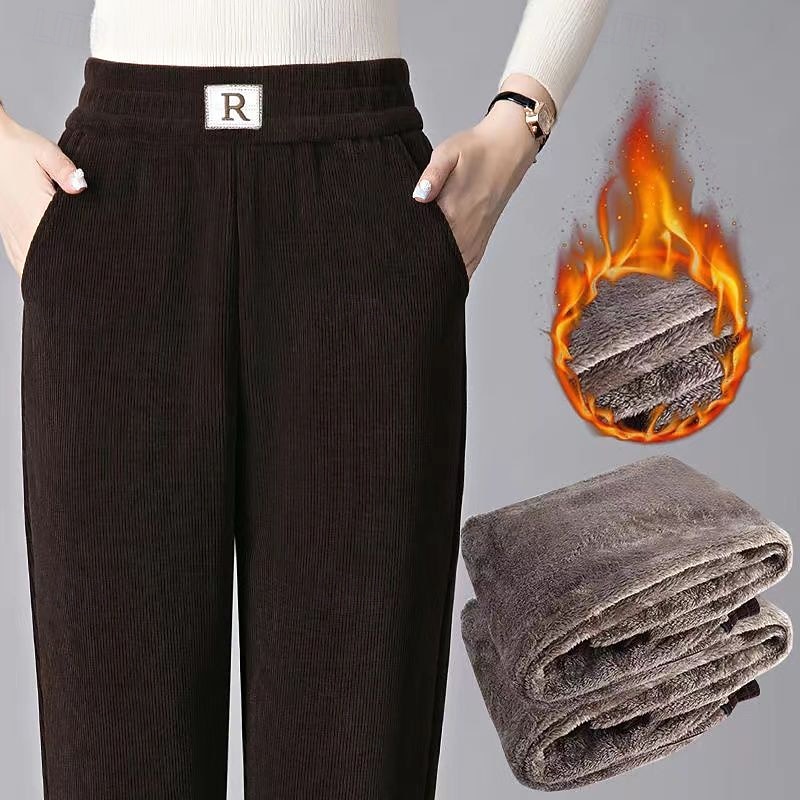 Women's Straight Casual Full Length Mid Waist Plain Pocket Elastic Waist Thermal Warm Micro-elastic Vacation Street Holiday Black Khaki Coffee Winter Regular Fit 2025 - $20.99 –P1