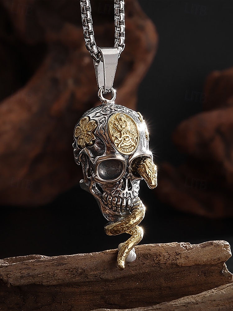 Collana con ciondolo a forma di serpente e teschio di Halloween da uomo, gioielli in lega in stile punk gotico per feste, cosplay e festival del 2025 a $9.99 –P4