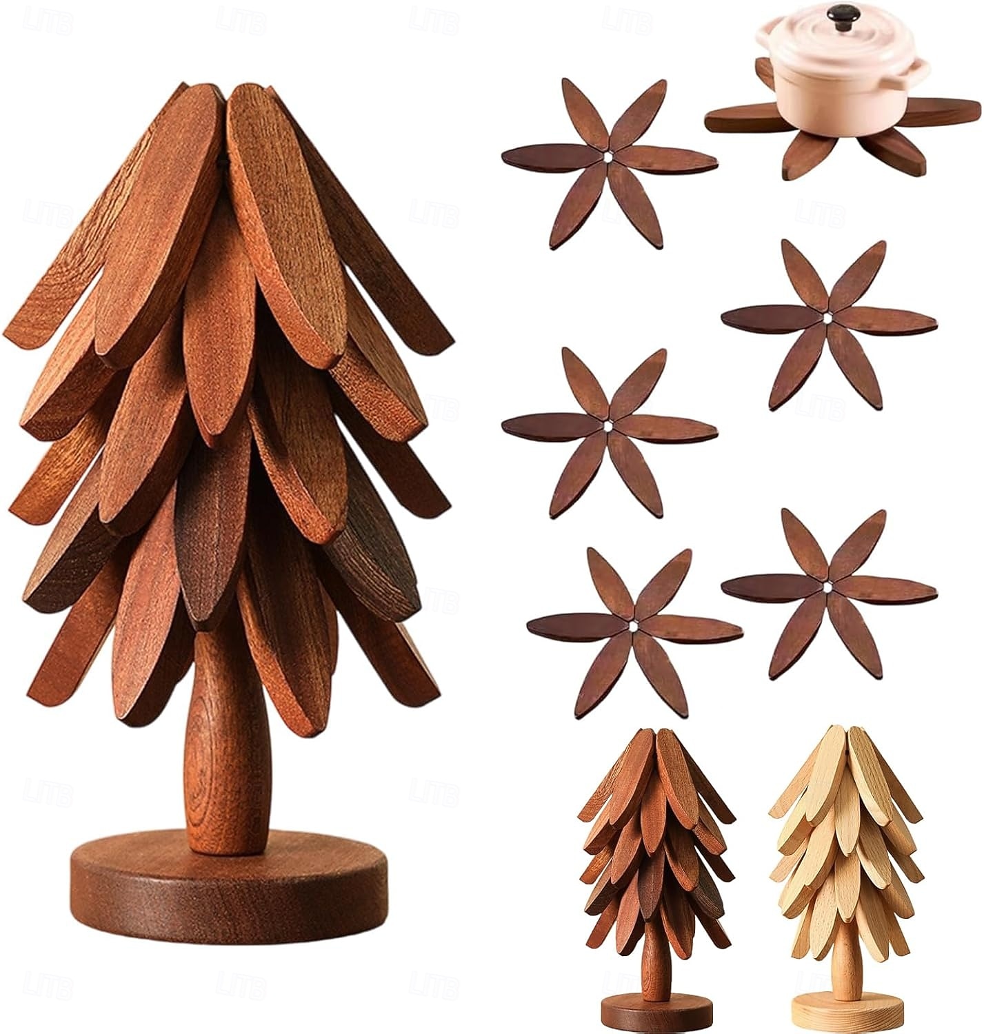 ensemble de dessous de plat en bois naturel, 3/4/5 dessous de plat en bois &1 support comme un sapin de Noël, dessous de plat de cuisine pliable naturel pour casseroles, poêles, bols &théières de 2025 ? $12.99 –P5