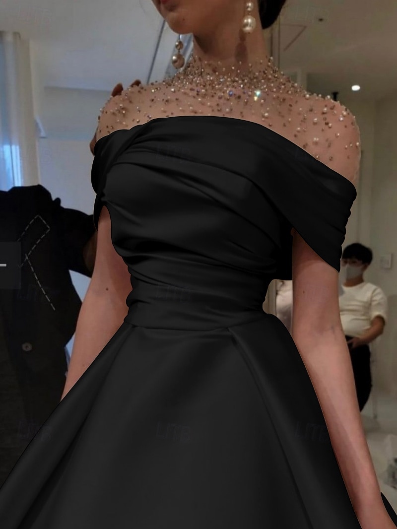 Ligne A Longueur au sol Robes de Bal Robe de Soirée Tenue de soirée Élégant Manche Courte Col Illusion Formel Satin avec Froncé Perlage de 2025 ? $169.99 –P5
