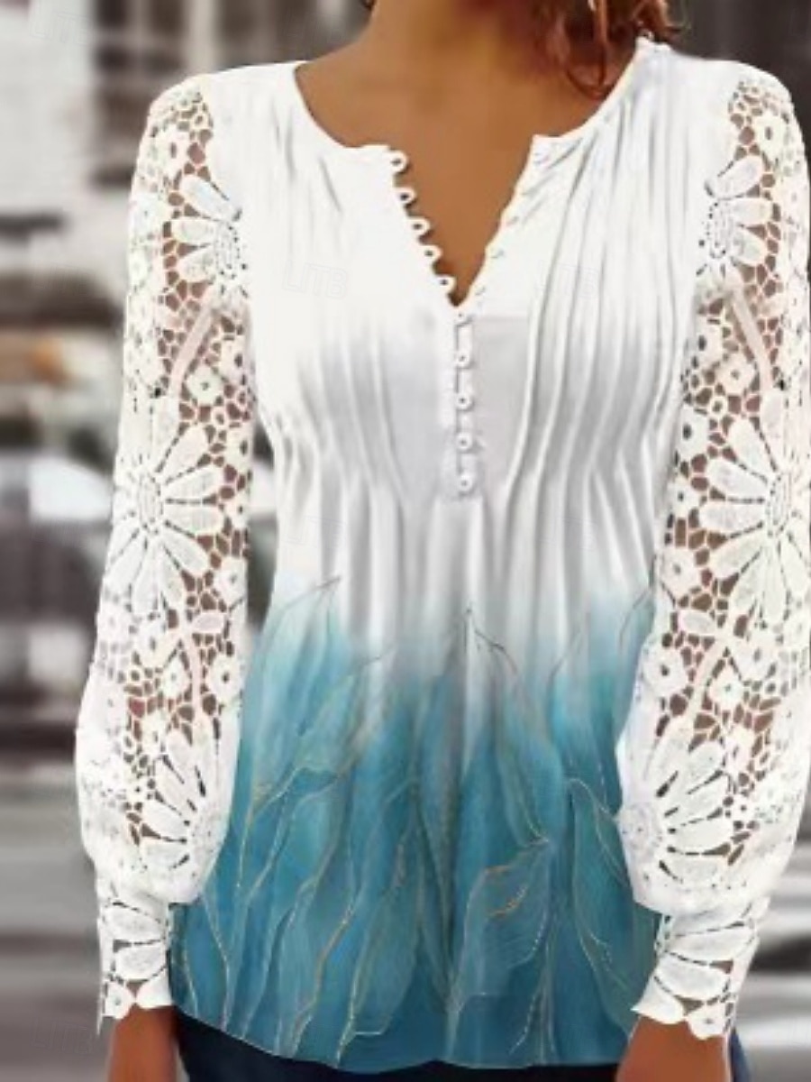 Damen Spitzenbluse Bluse Blumen Elegant Stilvoll Basic Langarm V Ausschnitt Normale Oberteile Täglich Spitze Knöpfe Druck Weiß Blau Himmelblau Purpur Frühling Herbst 2025 - $27.99 –P4