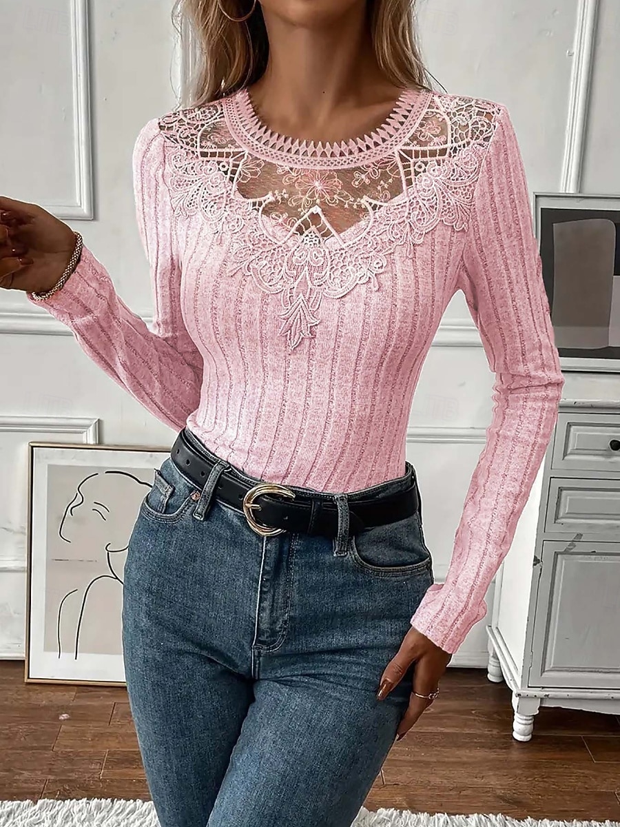 Per donna Blusa Pizzo Patchwork Tinta unica Elegante Essenziale Casual Manica Lunga Girocollo Top Regolari Quotidiano Nero Bianco Rosa Viola Grigio Primavera Autunno Inverno del 2026 a $21.99 –P16