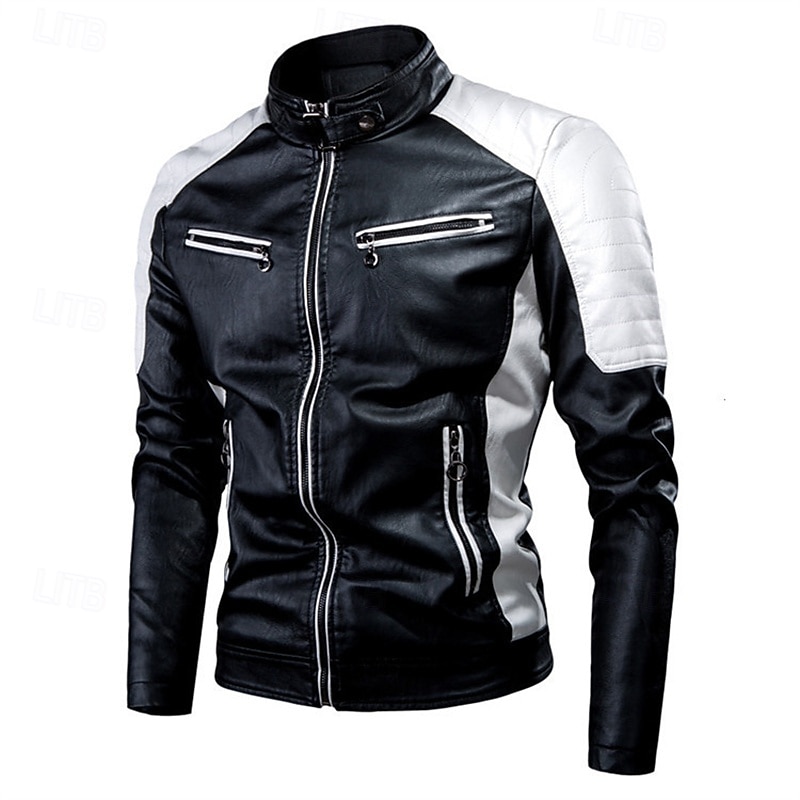 Per uomo Giacca in Ecopelle Giacca da Biker Giacca da Moto Vacanza Quotidiano Antivento Patchwork Tasca Primavera Autunno Semplice Moda Classico Collo alla coreana Regolare Nero Bianco Rosso Marrone del 2026 a $46.99 –P3