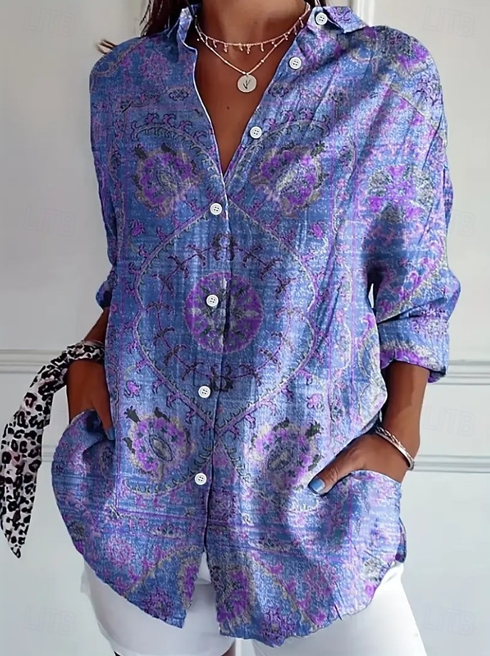 Camicia da donna in lino simile traspirante leggera grafica floreale vintage quotidiana casual a maniche lunghe colletto top regolari da indossare quotidianamente stampa bianca e nera nera viola del 2026 a $36.99 –P2