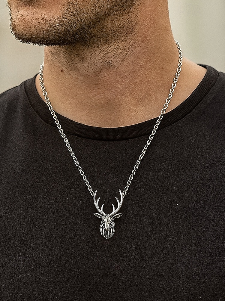 Collier tête de cerf en alliage pour homme - Collier pendentif bois de cerf vintage, parfait pour le style extérieur et comme cadeau de Noël de 2025 ? $7.99 –P2