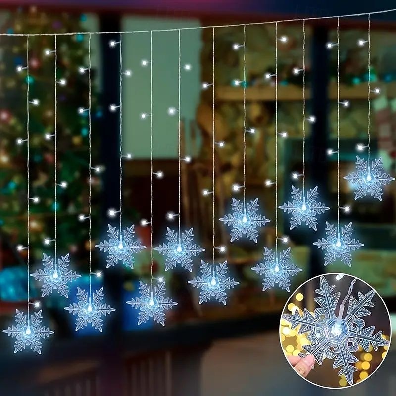 96LED Snowflake Curtain Lights 3.5m 8 Modes Lighting for Thanksgiving New Year Valentine's Day Home Balcony Living Room Garden Porch Atmosphere Decoration 2026 - $17.99 –P6