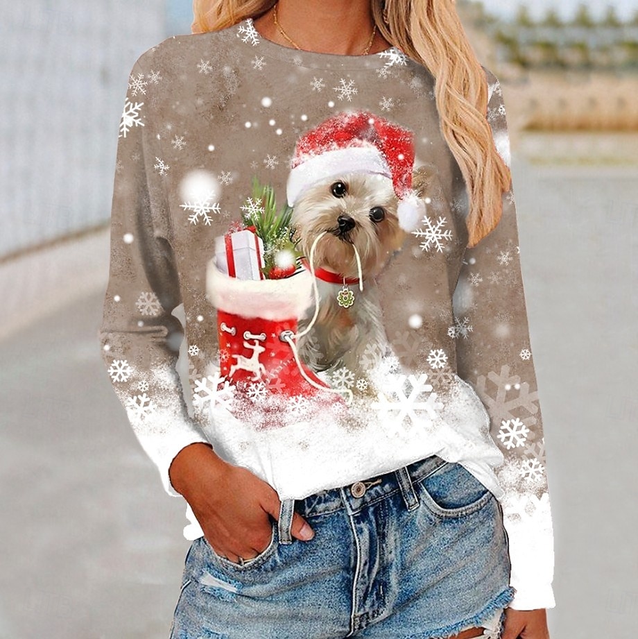 Noël Femmes T-shirt Graphique Chien Noël ancien Mode Élégant manche longue Col ras du cou Col rond Hauts Réguliers Quotidien Week-end Imprimé Bleu Violet Fuchsia Vert Kaki Automne Hiver de 2025 ? $23.99 –P3