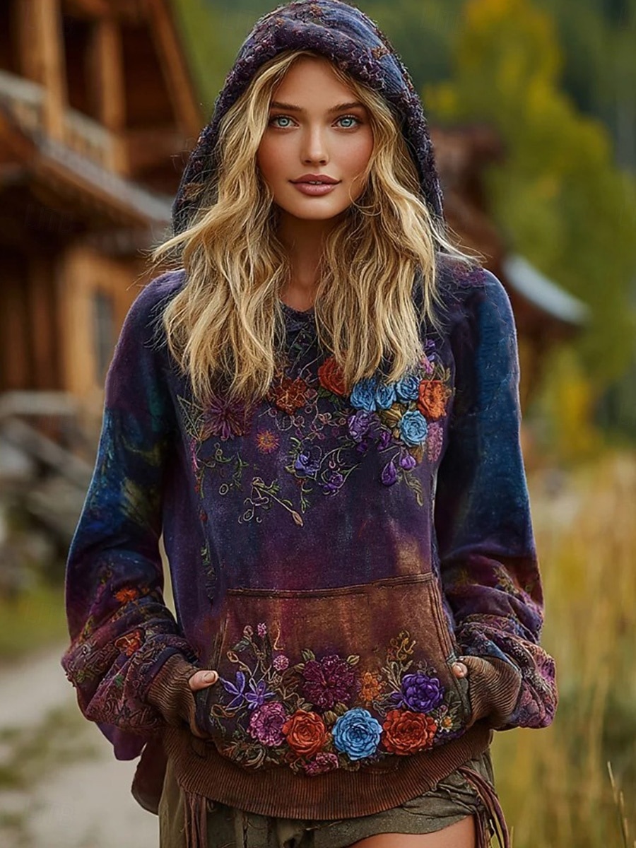 Damen Kapuzenpullover Blumen Grafik Vintage Lässig Boho Langarm Mit Kapuze Normale Oberteile Straße Alltagskleidung Patchwork Druck Fronttasche Purpur Frühling Herbst Winter 2026 - $28.99 –P1