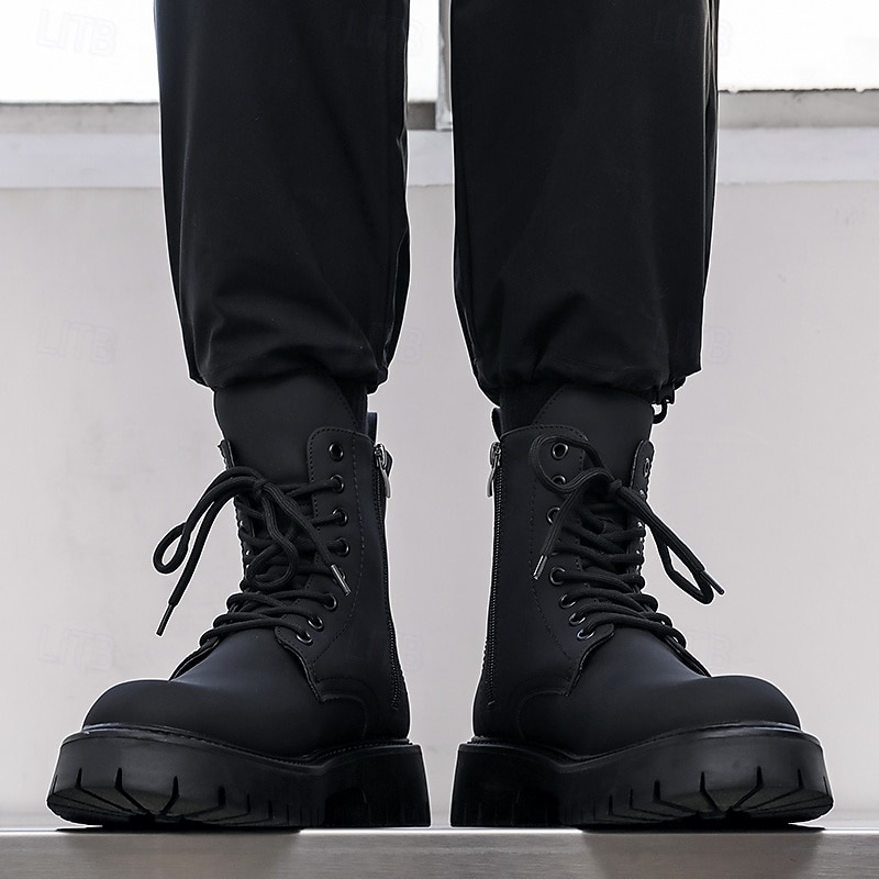 Svarte herrestøvler med snøring og glidelås på siden til kamp, slitesterkt kunstskinn, militærinspirert stil for utendørs-, arbeids- og streetwear-mote 2025 - $59.99 –P13