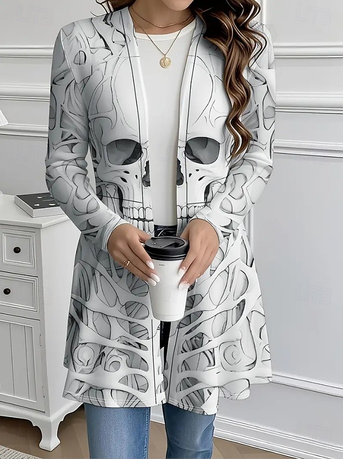 Women's Coat Lightweight Comfortable Skulls Print Vintage Artistic Casual Skull Casual Long Collarless Regular Fit Long Sleeve Outerwear Black White Brown Spring Fall 2026 - $28.99 –P5